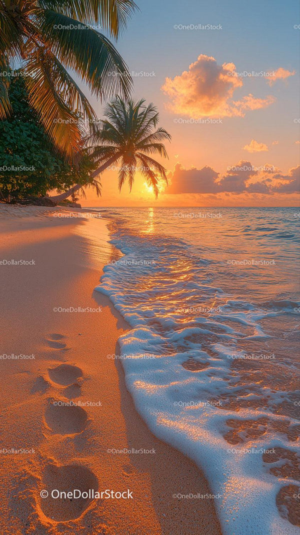 Sunset over Tropical Beach with Palm Trees and Footprints