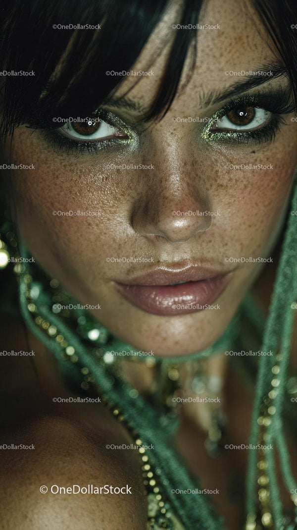 Close-Up of Woman with Glitter Eye Makeup and Shiny Lips