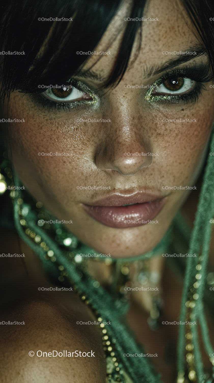 Close-Up of Woman with Glitter Eye Makeup and Shiny Lips