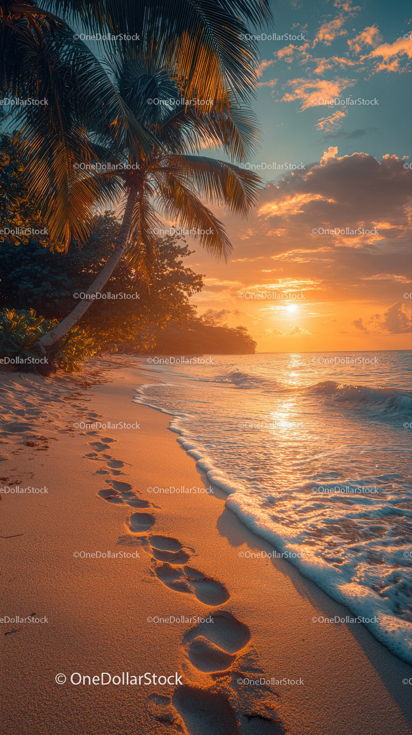 Sunset Over Tropical Beach with Palm Trees and Clear Ocean Water