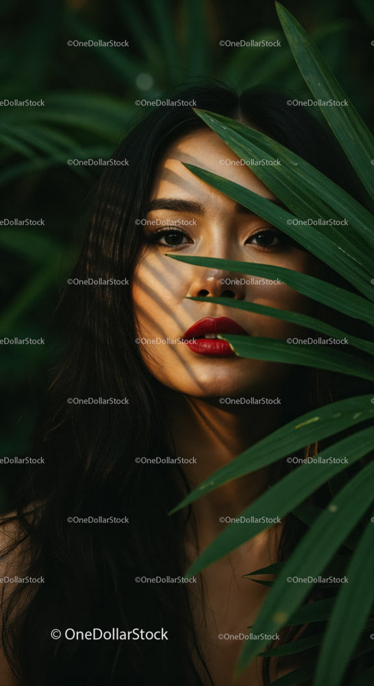 Exotic Woman with Red Lipstick in Lush Tropical Jungle