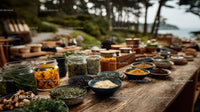 Fresh Herbal Spices and Herbs on Rustic Outdoor Market Table