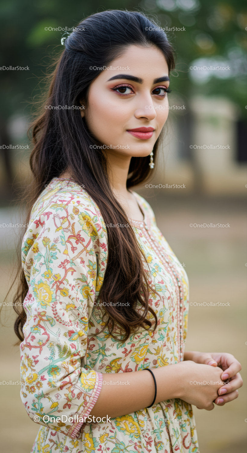 Elegant Young Woman in Floral Dress Outdoors Perfect for Fashion Photography