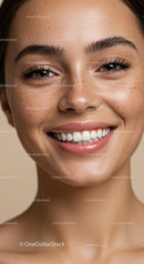 Close up of young woman with natural freckles smiling