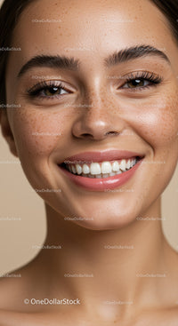 Close up of young woman with natural freckles smiling