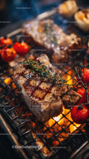 Juicy Grilled Steak with Vegetables and Flames on Open Flame