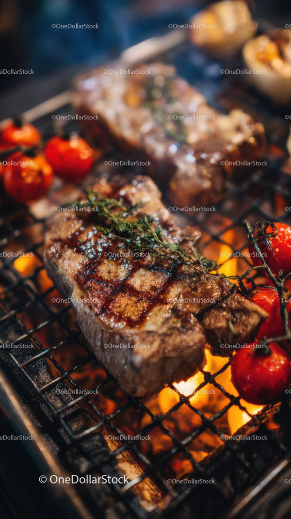 Juicy Grilled Steak with Vegetables and Flames on Open Flame
