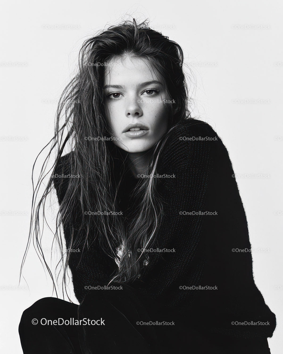 Stylish Monochrome Portrait of Young Woman with Messy Hair
