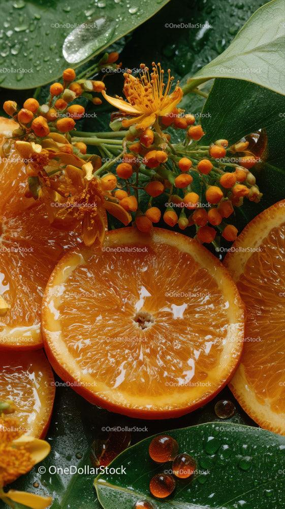 Slices of Fresh Juicy Oranges with Green Leaves and Flower
