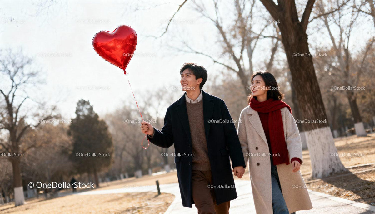 Couple Walking Hand in Hand with Red Heart Balloon