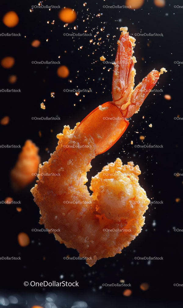 Crispy Battered Shrimp Floating in Dark Background for Gourmet Food