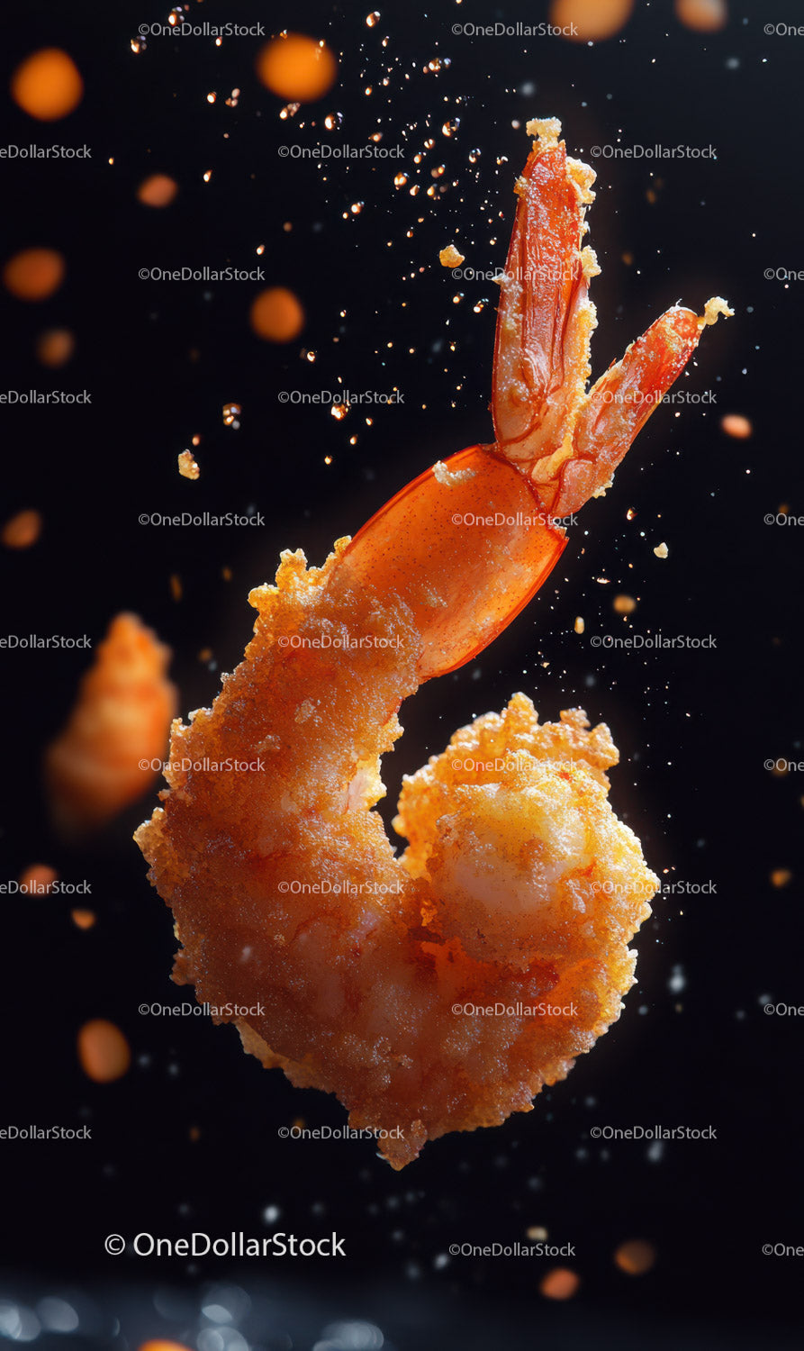 Crispy Battered Shrimp Floating in Dark Background for Gourmet Food