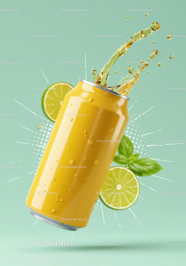 Refreshing lime soda splash from chilled yellow can JPG Mockup Image