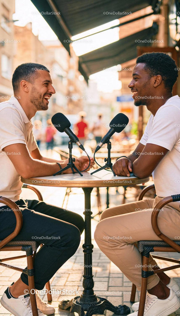 Dwóch przyjaciół prowadzi podcast na świeżym powietrzu