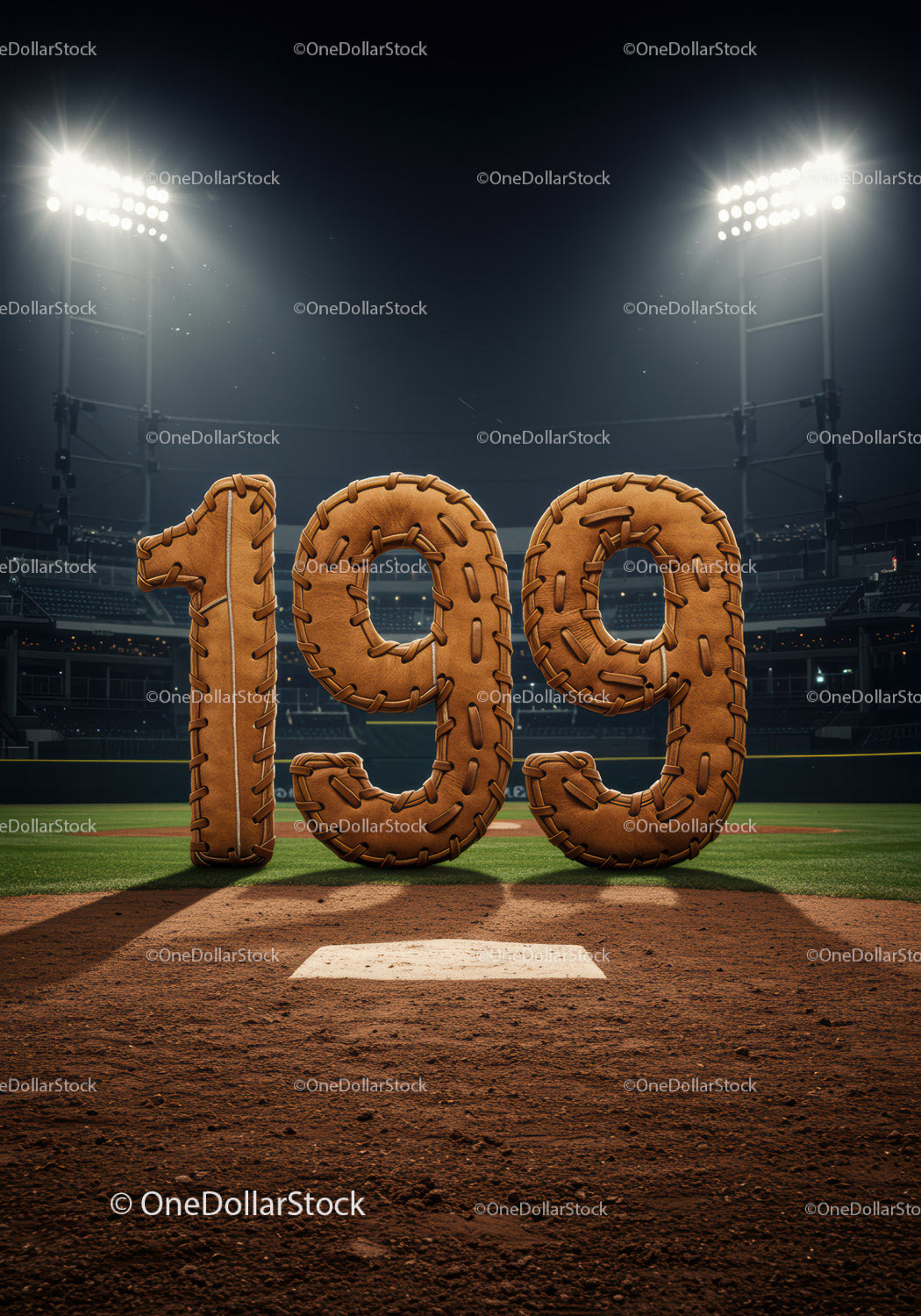 Leather stitched 199 numbers on baseball field at night