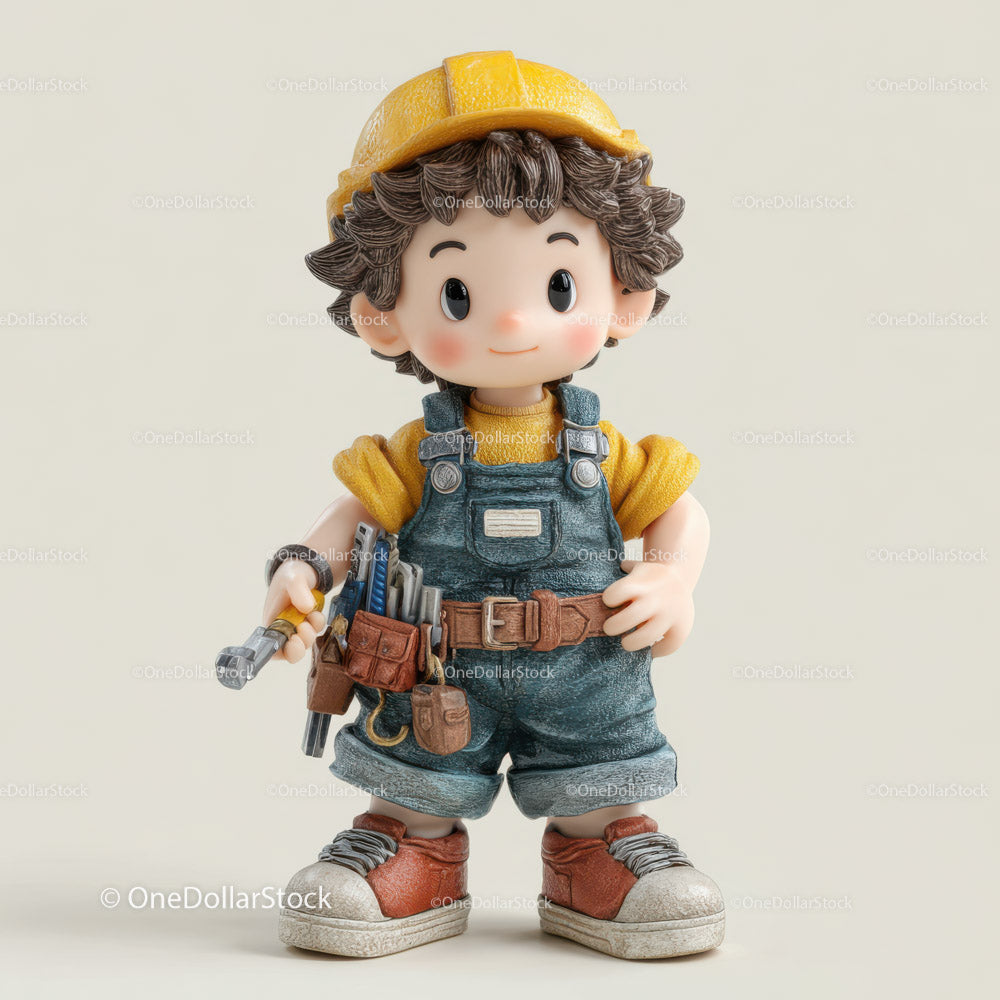 Clay Figurine of a Young Boy Carpenter with Tools and Workwear