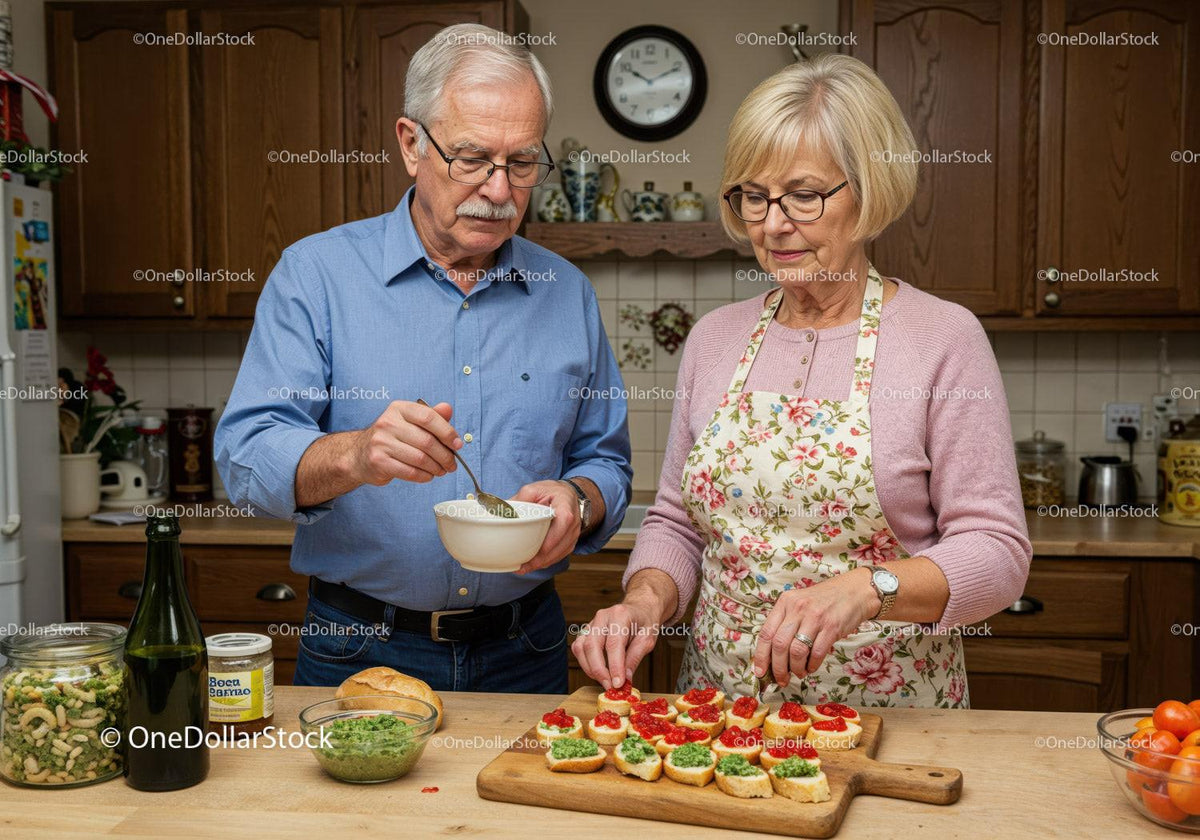 Senior couple preparing appetizers together at home kitchen