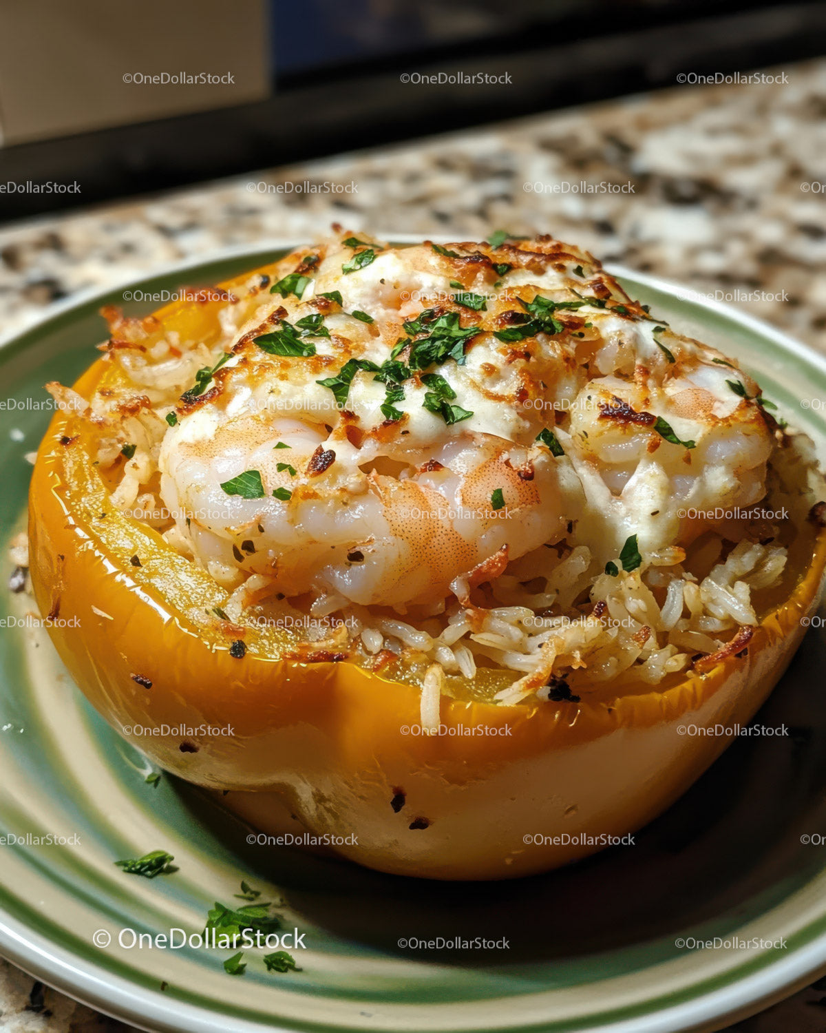 Stuffed Yellow Bell Pepper with Rice and Shrimp Chef Quality Food
