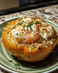 Stuffed Yellow Bell Pepper with Rice and Shrimp Chef Quality Food