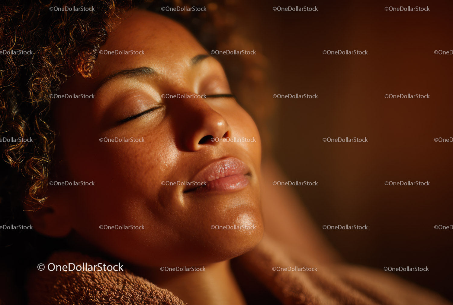 Relaxing Woman with Closed Eyes Wrapped in Towel in Warm Spa Setting