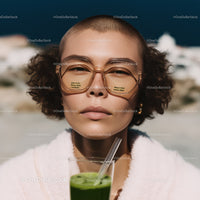 Confident Young Woman Wearing Sunglasses with Green Juice in City Scene