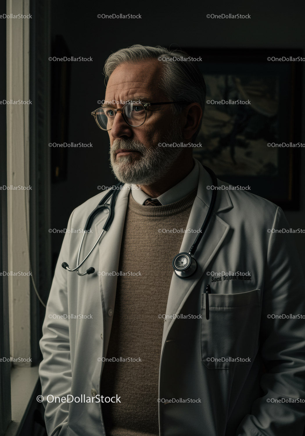 Starszy lekarz w białym fartuchu laboratoryjnym ze stetoskopem w warunkach klinicznych