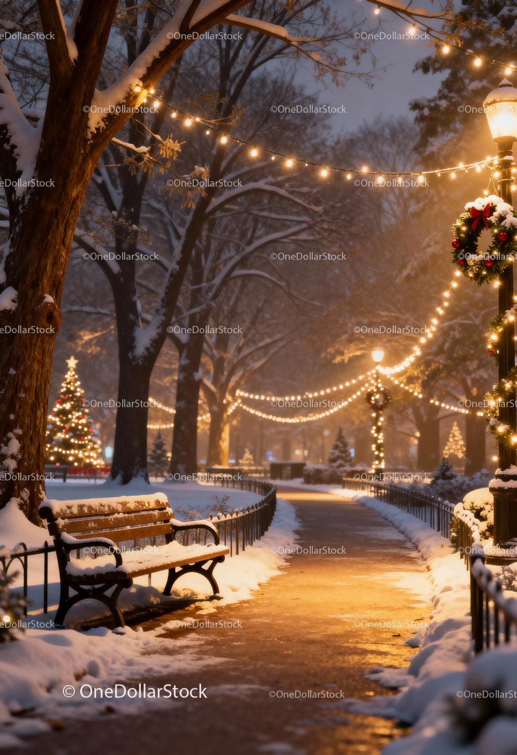 Snowy park path warmly lit with festive holiday lights