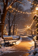 Snowy park path warmly lit with festive holiday lights