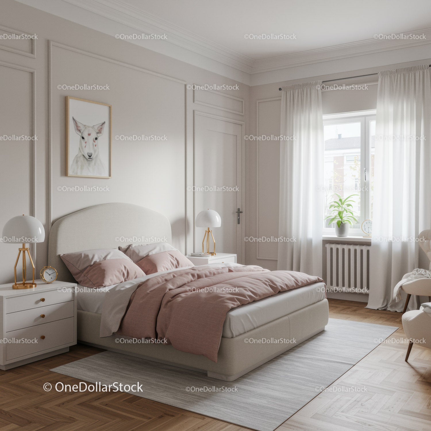 Elegancka sypialnia z różową pościelą i naturalnym światłem