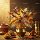 Assortment of vibrant spices swirling over brass bowls