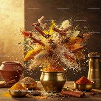 Assortment of vibrant spices swirling over brass bowls
