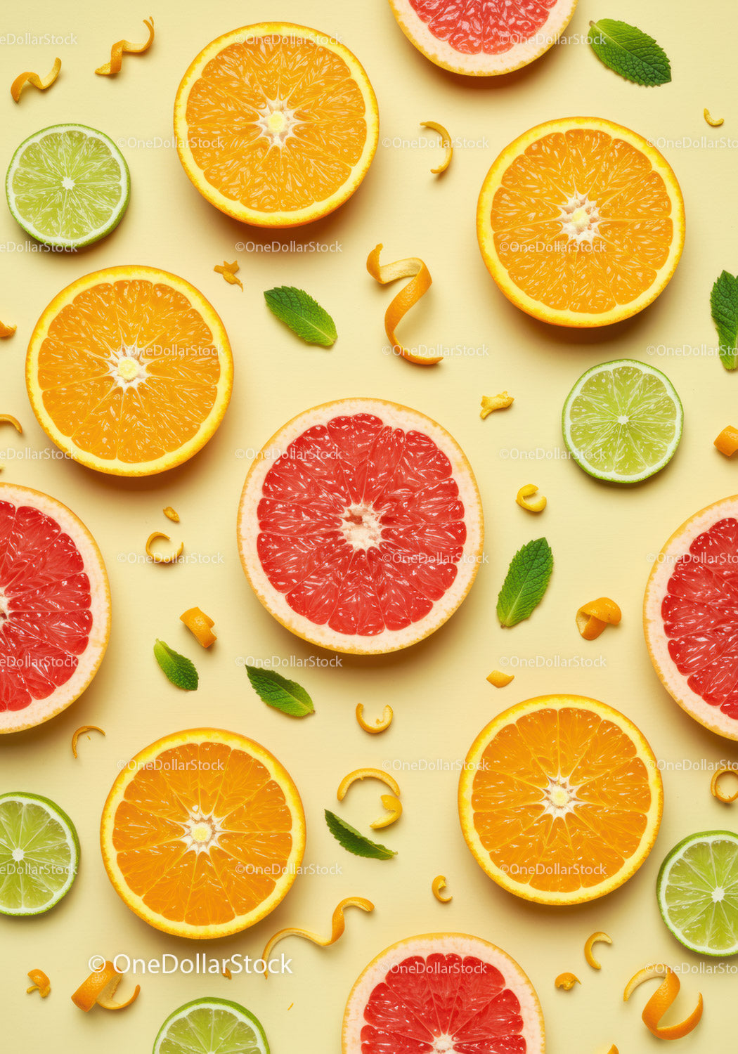 Sliced Citrus Fruits with Fresh Mint on Light Background