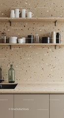 Minimalist Kitchen with Terrazzo Backsplash and Stylish Storage Shelves