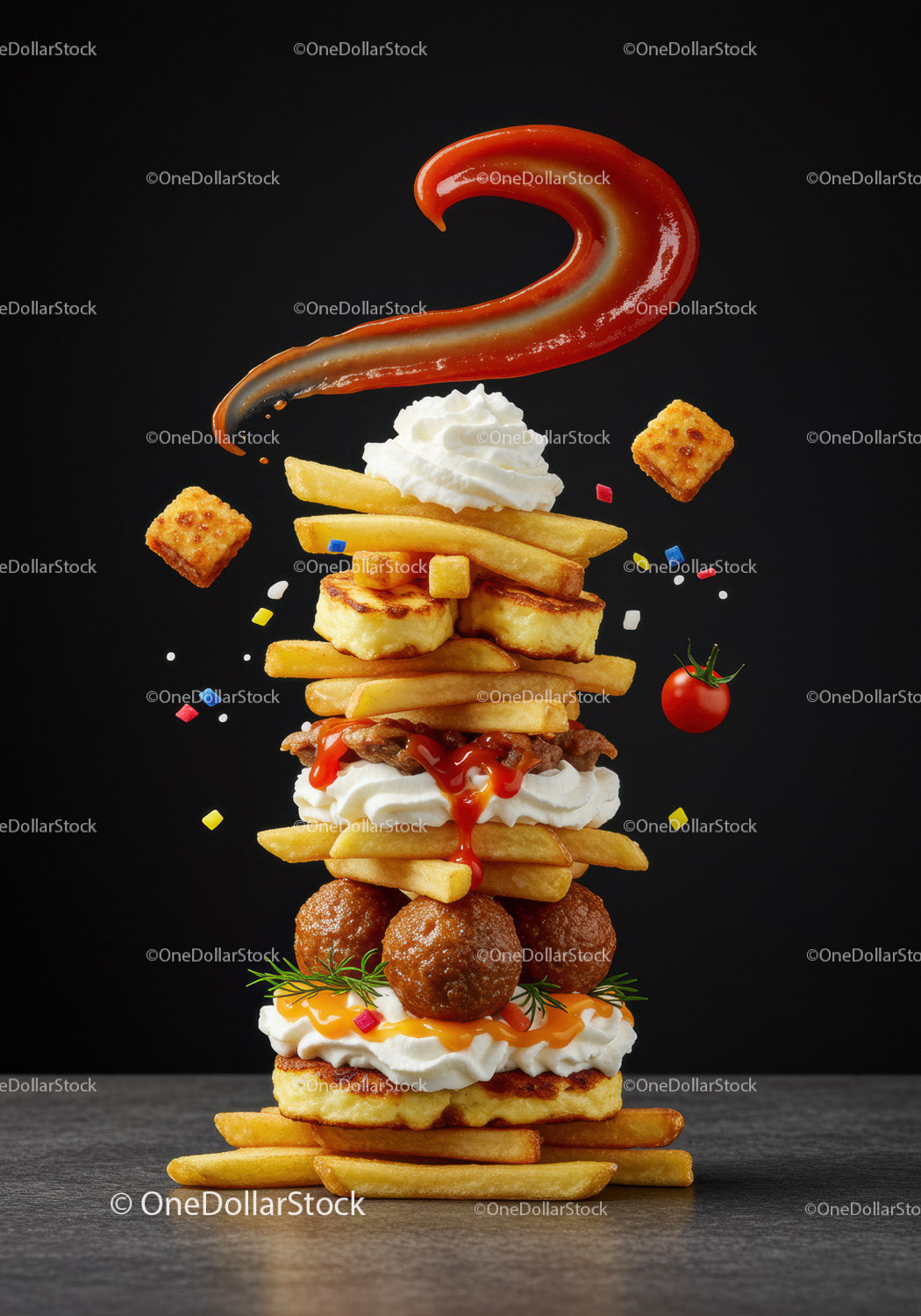 Creative Tower of Fries, Meatballs and Creamy Sauces