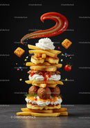 Creative Tower of Fries, Meatballs and Creamy Sauces