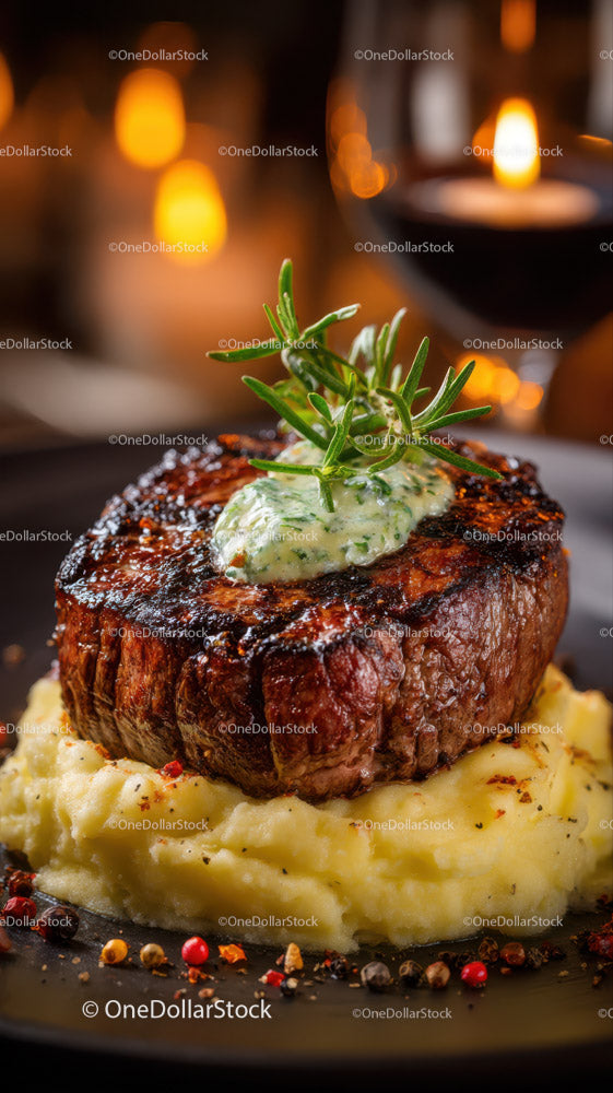 Gourmet Beef Steak with Mashed Potatoes and Rosemary Garnish