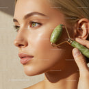 Young Woman with Jade Roller Performing Facial Massage for Glowing Skin