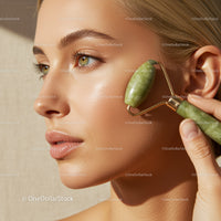 Young Woman with Jade Roller Performing Facial Massage for Glowing Skin