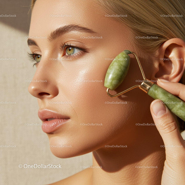 Young Woman with Jade Roller Performing Facial Massage for Glowing Skin