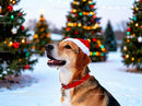 Happy dog wearing Santa hat near decorated Christmas trees