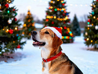 Happy dog wearing Santa hat near decorated Christmas trees