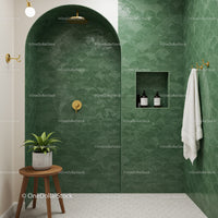 Modern green tiled bathroom shower with wooden stool