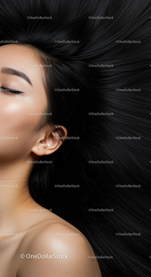 Close-up of serene woman with flowing black hair