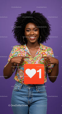 Vibrant Young Woman Holding Like Icon in Bright Casual Outfit