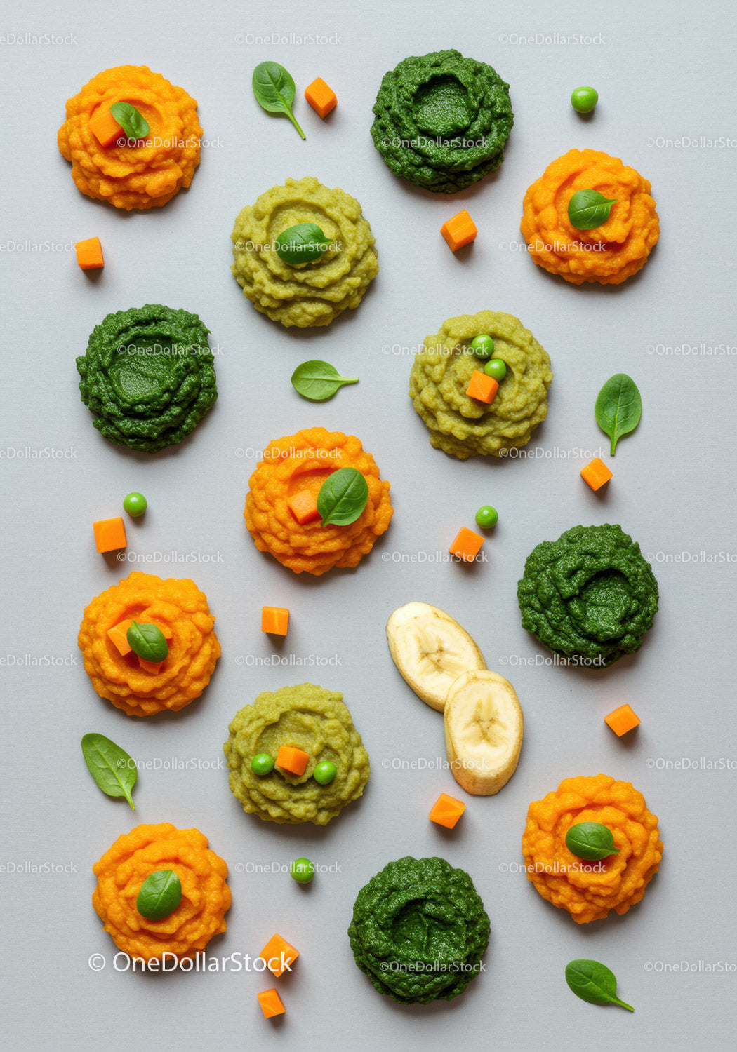 Colorful vegetable and fruit purees with fresh greens