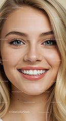 Close up portrait of smiling young woman with blue eyes