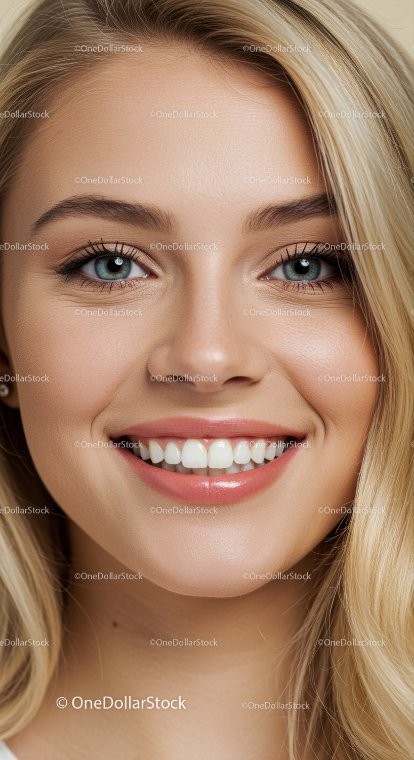 Close up portrait of smiling young woman with blue eyes