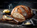 Rustic Artisan Bread on Wooden Table with Kitchen Background