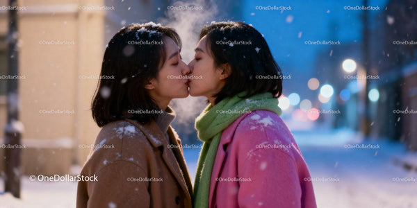 Couple sharing a tender kiss on snowy winter evening