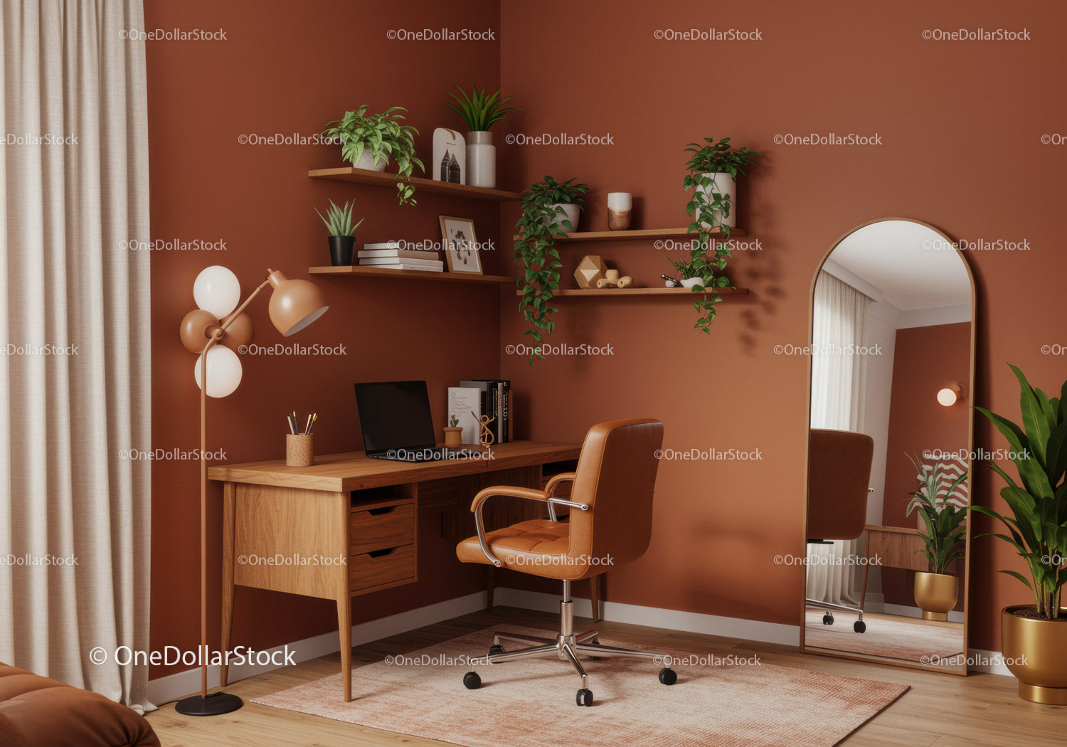 Cozy home office corner with plants and warm tones